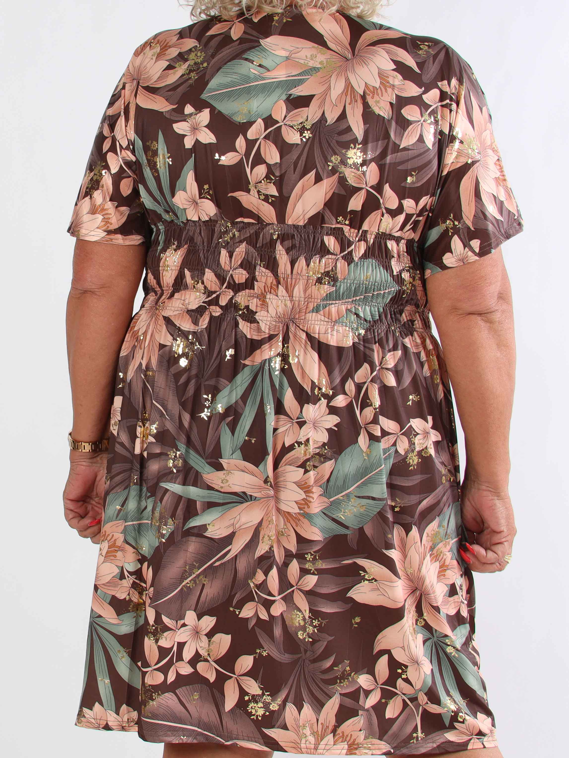 Pams New Leaf Short - Plus size kjole med farvet blomsterprint og guld detaljer